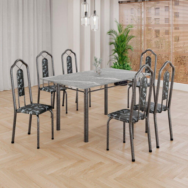 Conjunto de Mesa Brenda com 6 Cadeiras | Tampo Granito Topázio 140x75cm | Mart Prata