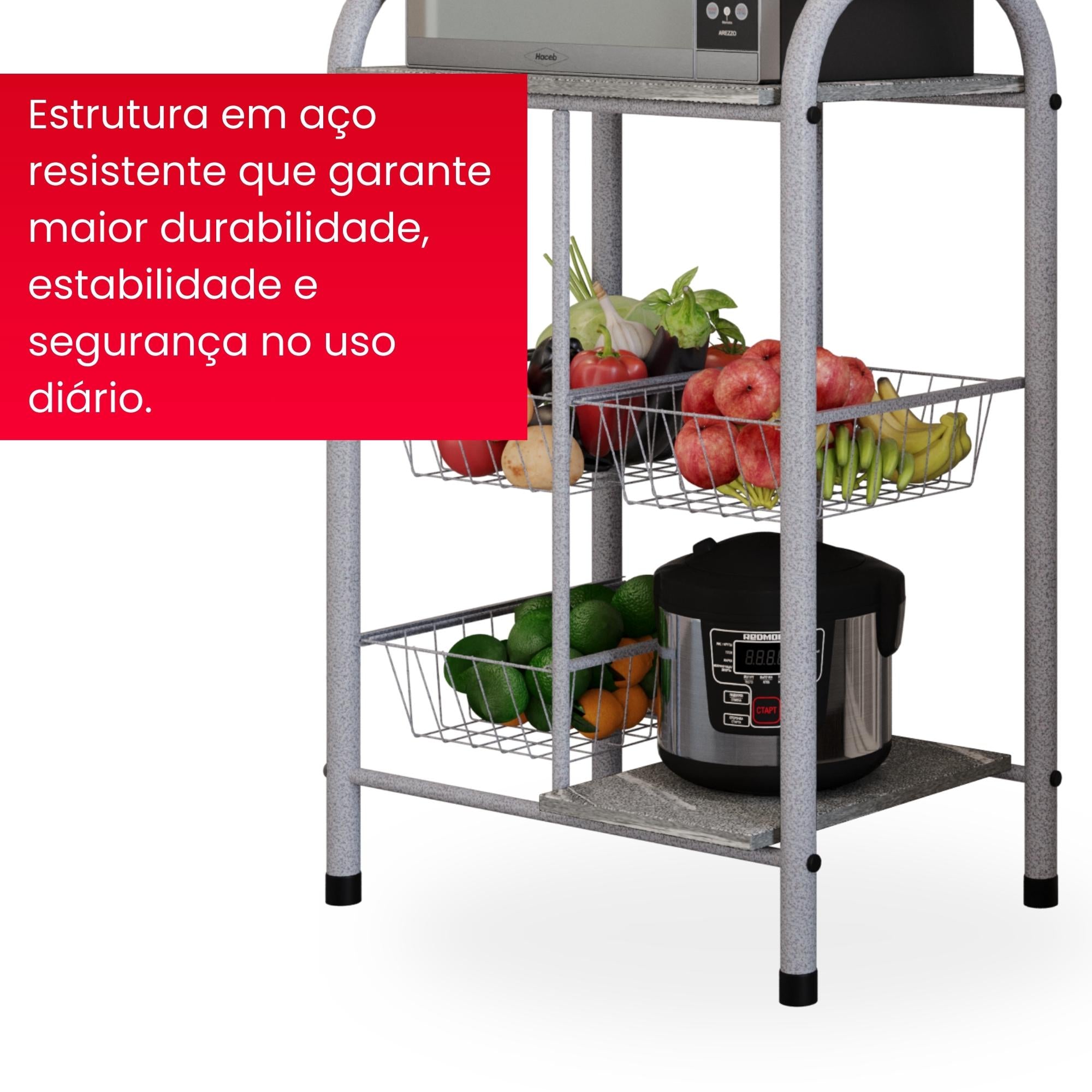 Fruteira  Tamara com Cestos Metálicos e Prateleiras em Pedra - GRANITO TOPAZIO - MART PEROLA
