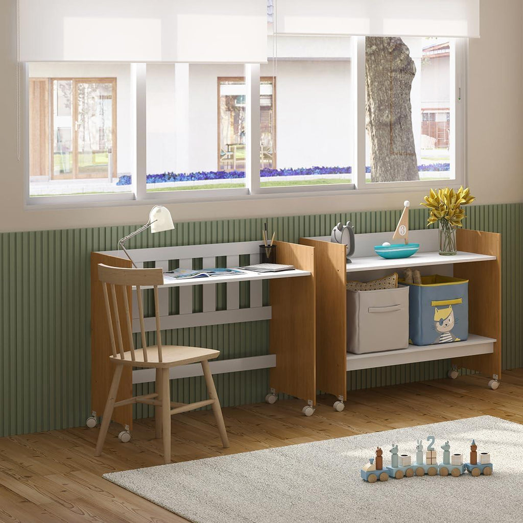 Mini Berço Maya | MDF | Rodízios Incluídos | Suporte para Mosquiteiro | Branco e Cinamomo