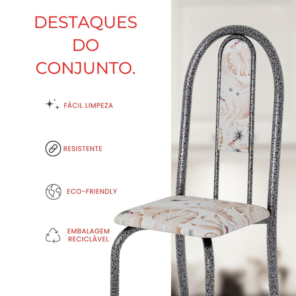 Kit 4 Cadeiras Isabel Prata Botanic Bege | Aço | Estofadas