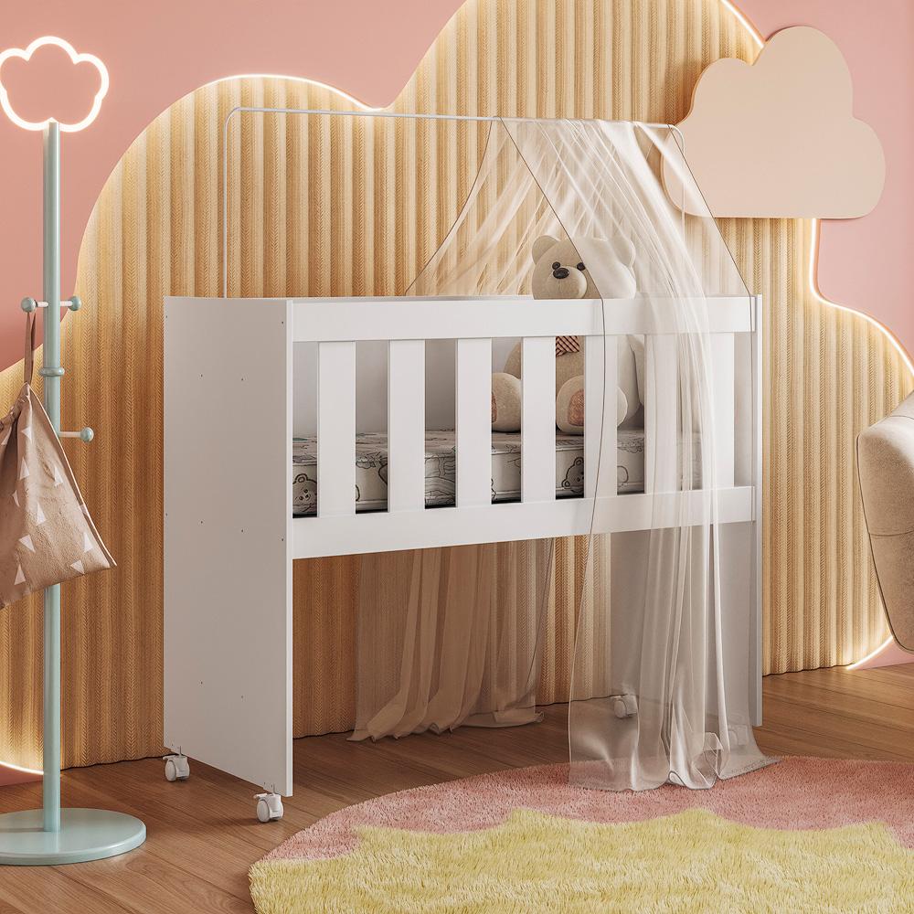 Mini Berço Maya | MDF | Rodízios Incluídos | Suporte para Mosquiteiro | Branco