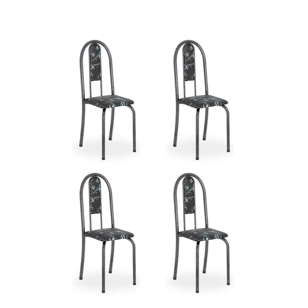 Kit 4 Cadeiras Isabel Prata Preto Floral | Aço | Estofadas