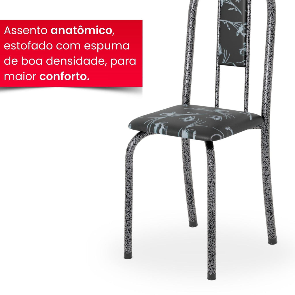 Kit 4 Cadeiras Isabel Prata Preto Floral | Aço | Estofadas
