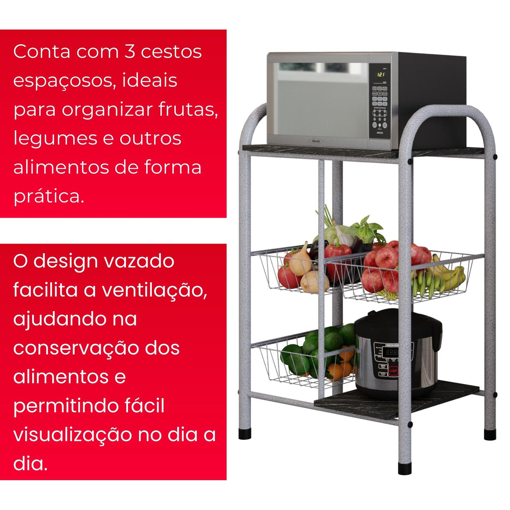 Fruteira Tamara com Cestos Metálicos e Prateleiras em Pedra - ARDOSIA - MART PÉROLA