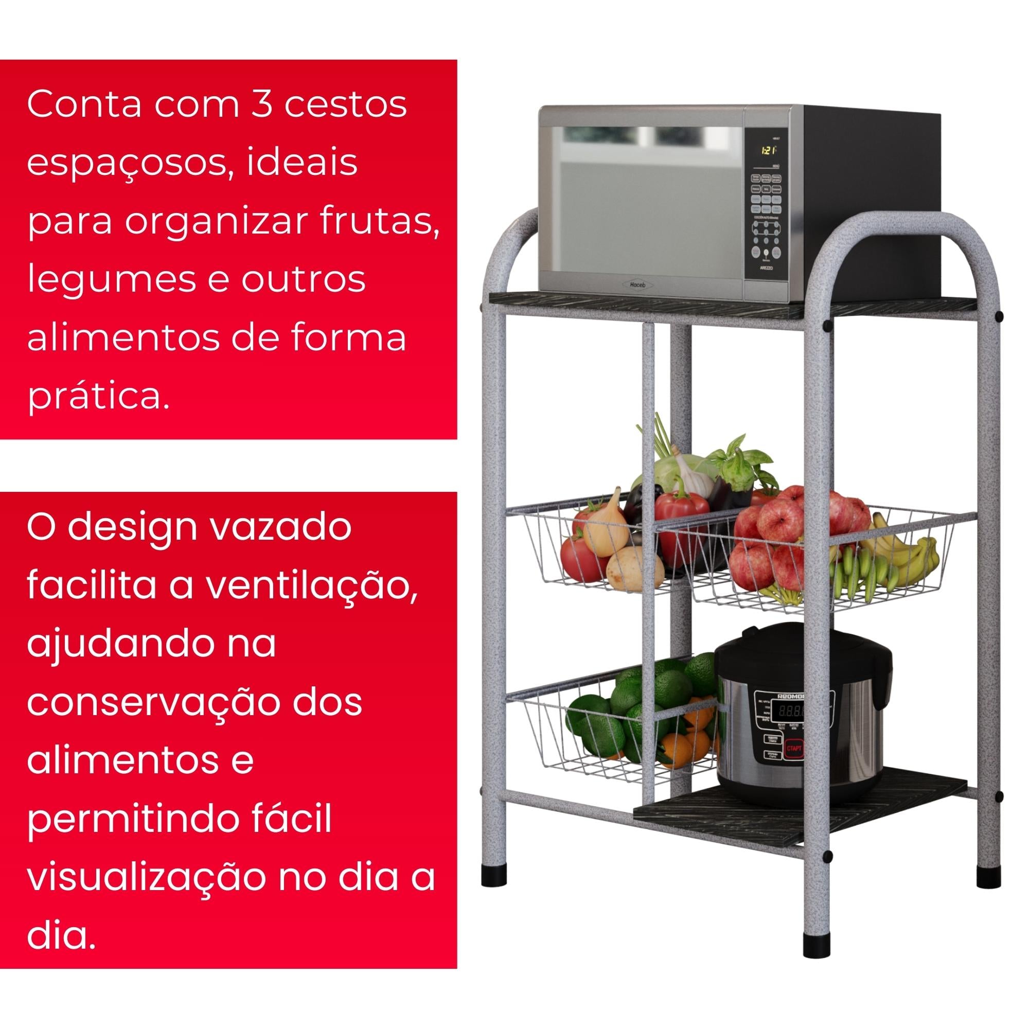 Fruteira Tamara com Cestos Metálicos e Prateleiras em Pedra - ARDOSIA - MART PÉROLA