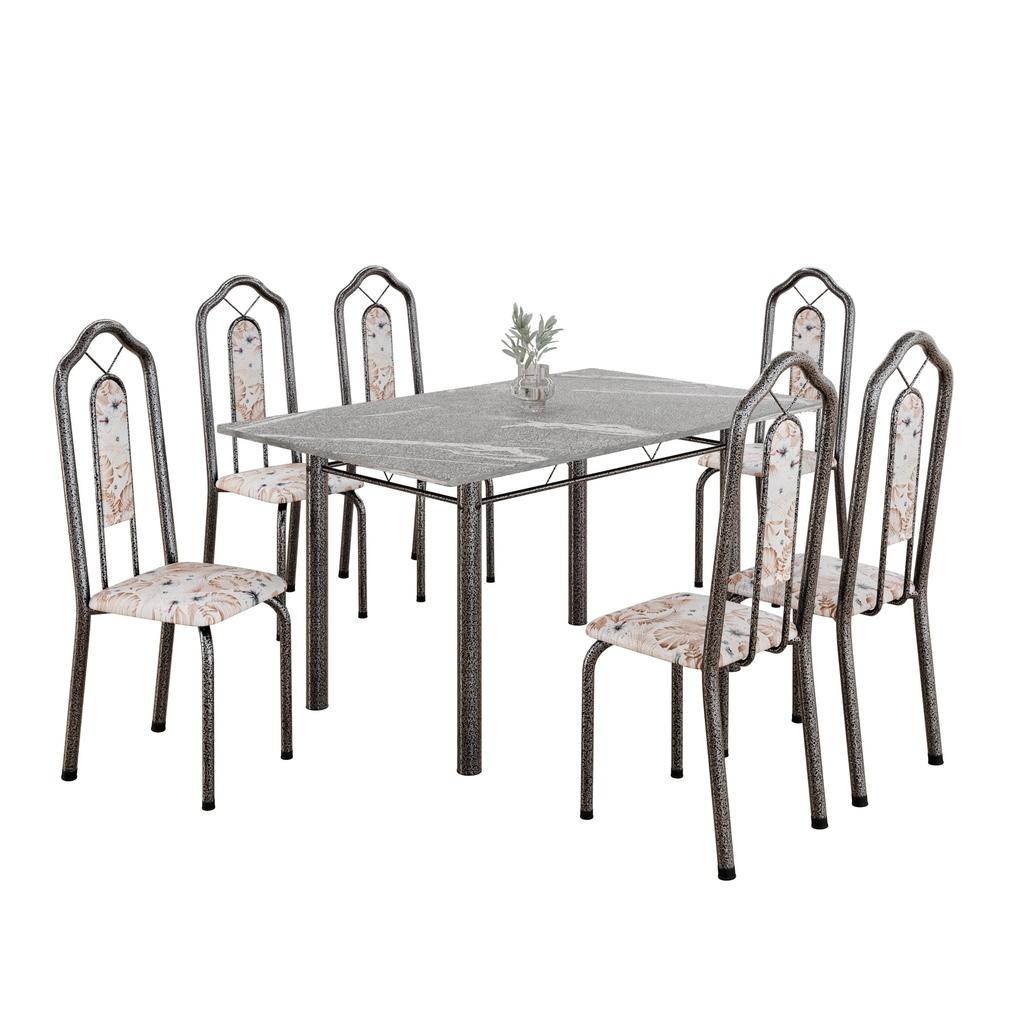 Conjunto de Mesa Brenda com 6 Cadeiras | Tampo Granito Topázio 140x75cm | Mart Prata