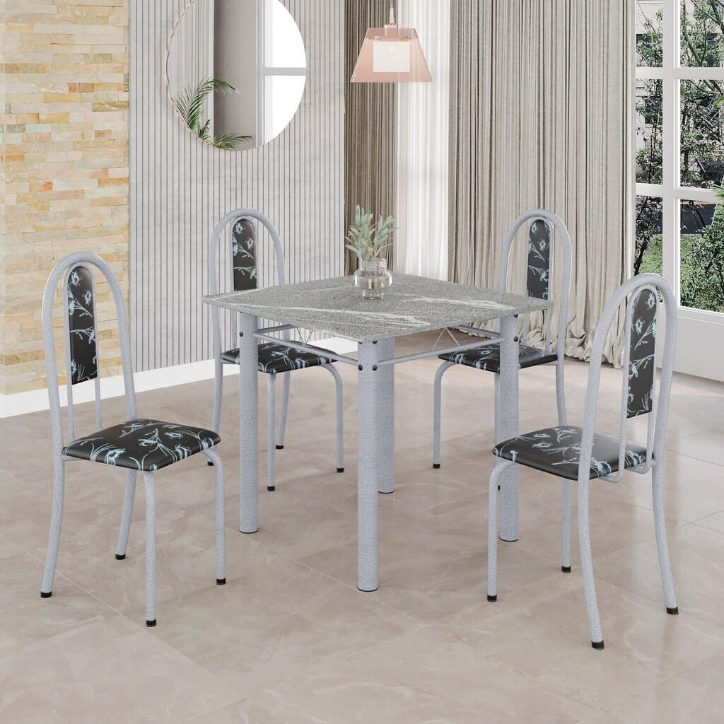 Conjunto de Mesa Tubular Mart Perola 4 Cadeiras 70x70cm – Tampo Granito Topázio | Isabel 030