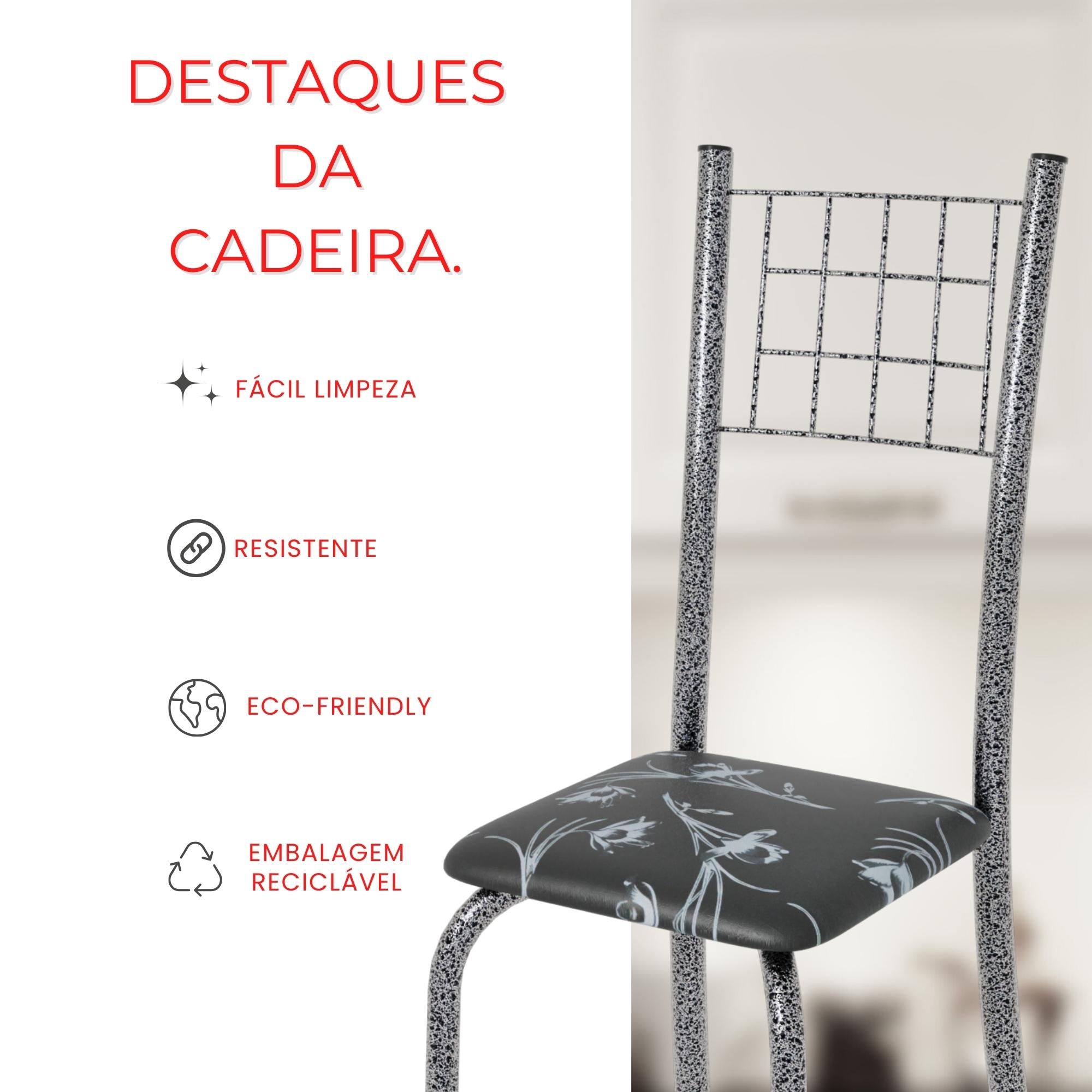 Kit 4 Cadeiras Mel Prata | Aço | Estofadas